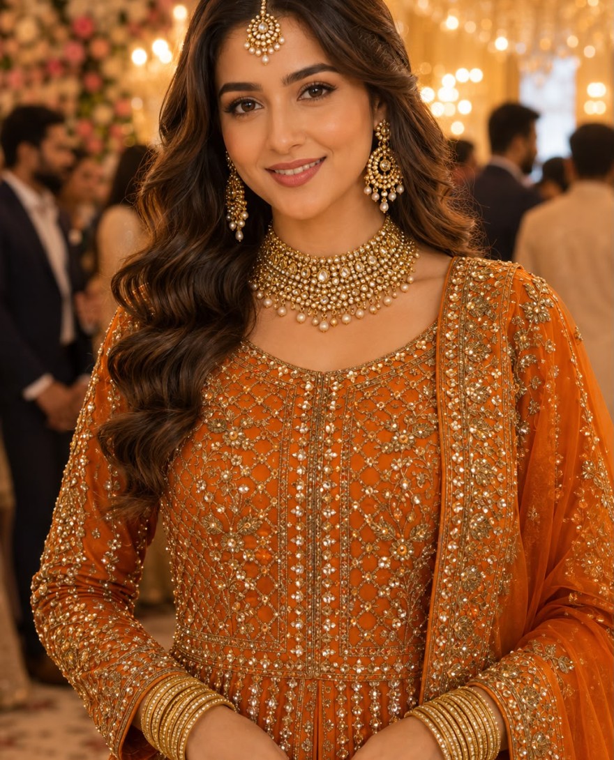 ORANGE - Orange Net Kurti Lehenga With Zari Work